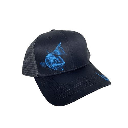 Redfish outline in blue on Black Snapback Hat - KnottyTails